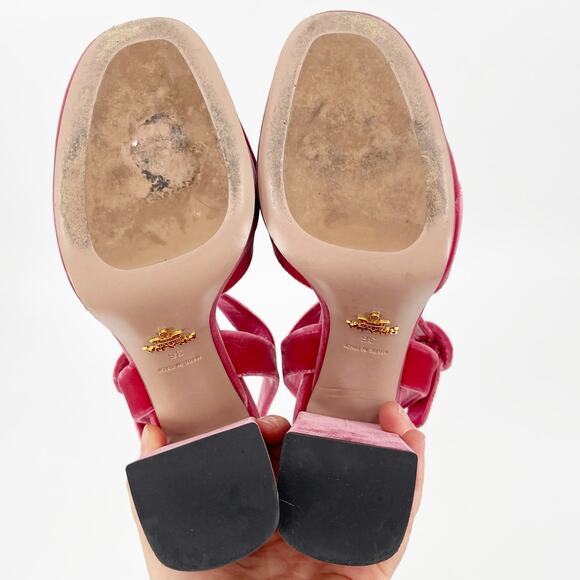 Prada Pink Velvet Crisscross Platform Block Heel Ankle Strap Sandals size IT 36 - Picture 11 of 13